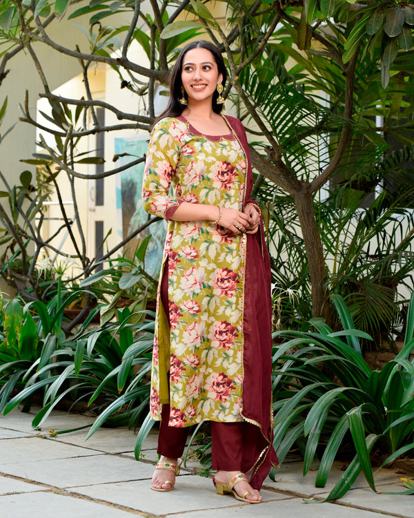 Gulbano Olive Green Floral Straight Kurta Pant Set