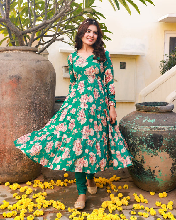 Gauri Green Embroidered Anarkali Kurta Pant Set
