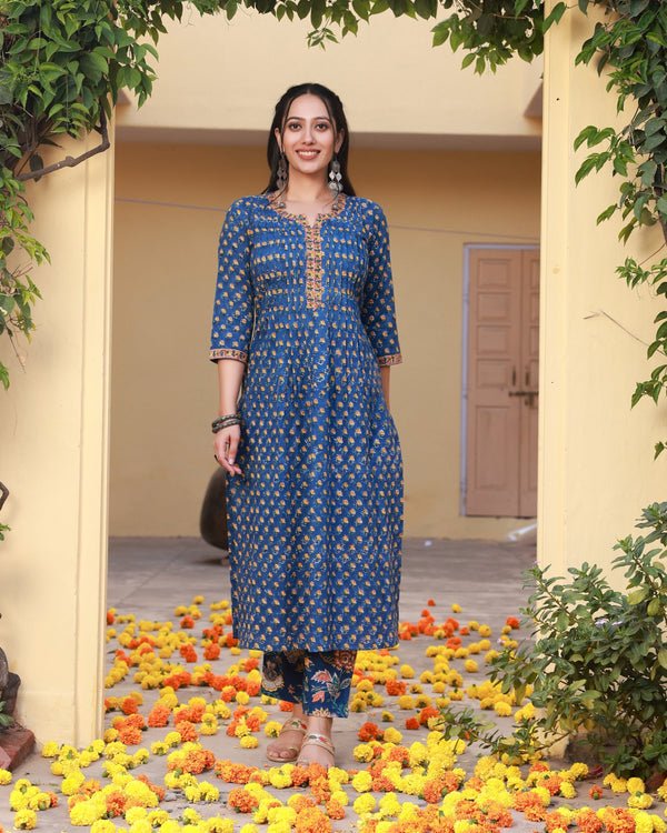Badrah Blue Handblock Cotton Pleated Straight Kurta Pant Set