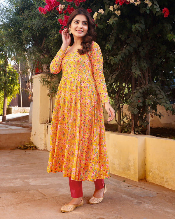Yami Yellow Embroidered Anarkali Kurta Pant Set