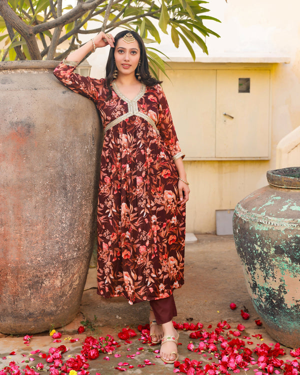 Beena Brown Floral Alia Cut Kurta Pant Set