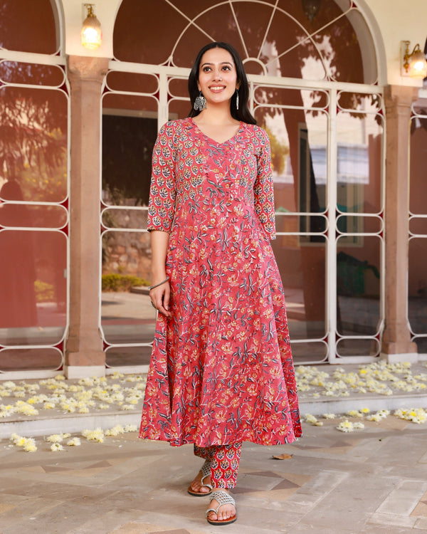 Rashida Red Cotton Anarkali Kurta Pant Set