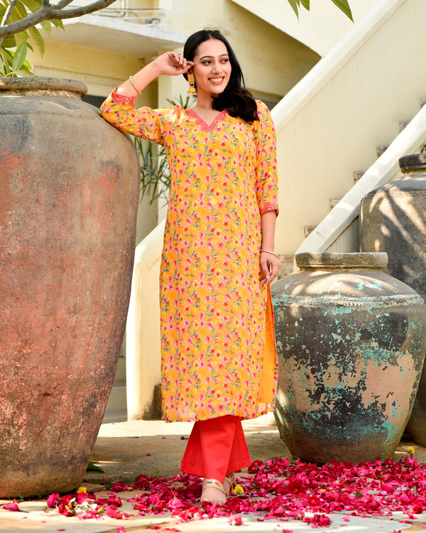 Yesha Yellow Floral Straight Fit Kurta Pant set
