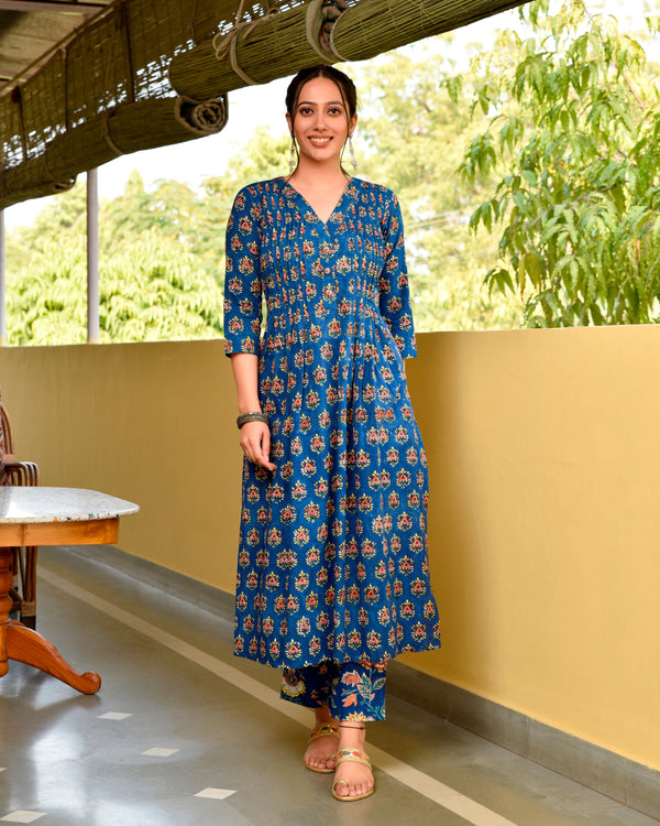Bashir Blue Handblock Cotton Pleated Straight Kurta Pant Set