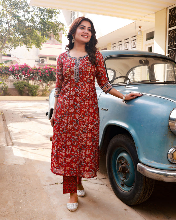 Rachida Red Embroidery Handblock Chanderi Kurta Pant Set