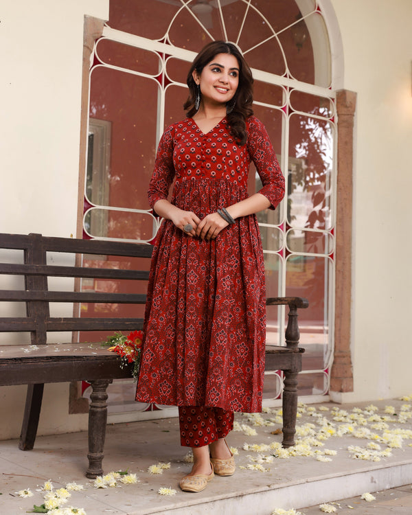 Mehreen Maroon Anarkali Cotton Kurta Pant Set