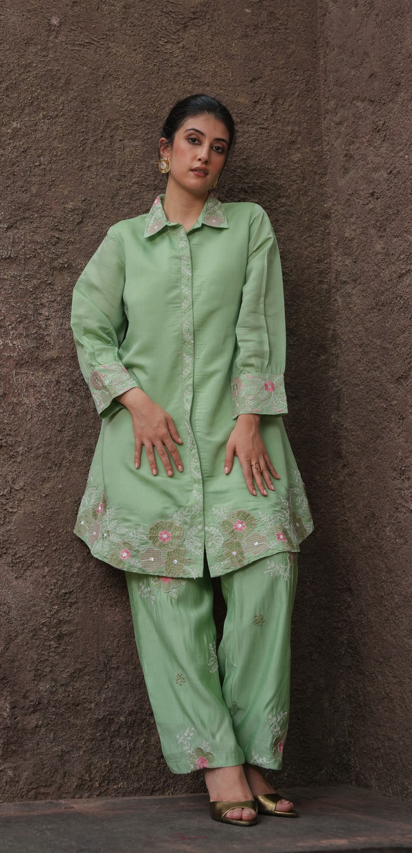 Jade Oasis Coord Set with Floral Embroidered Detailing
