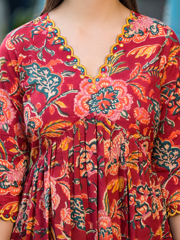 Rosheen Red Floral Block Print Embroidered Suit Set