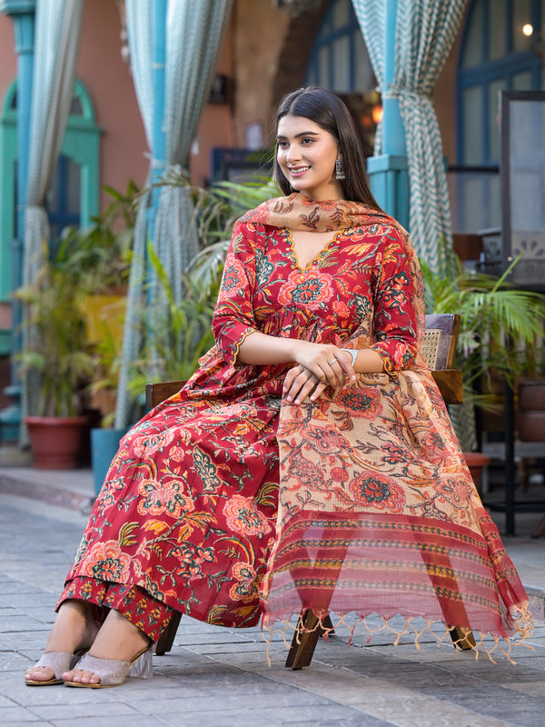 Rosheen Red Floral Block Print Embroidered Suit Set