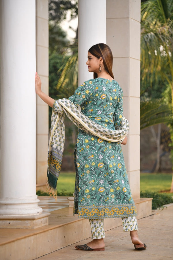Festive edit Gota work Handblock suit set with front yoke and Chanderi Silk Dupatta