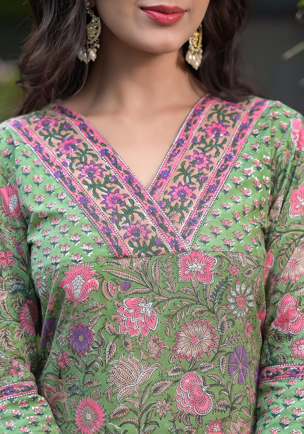 Savri Green Floral Handblock Kurta And Pant Only