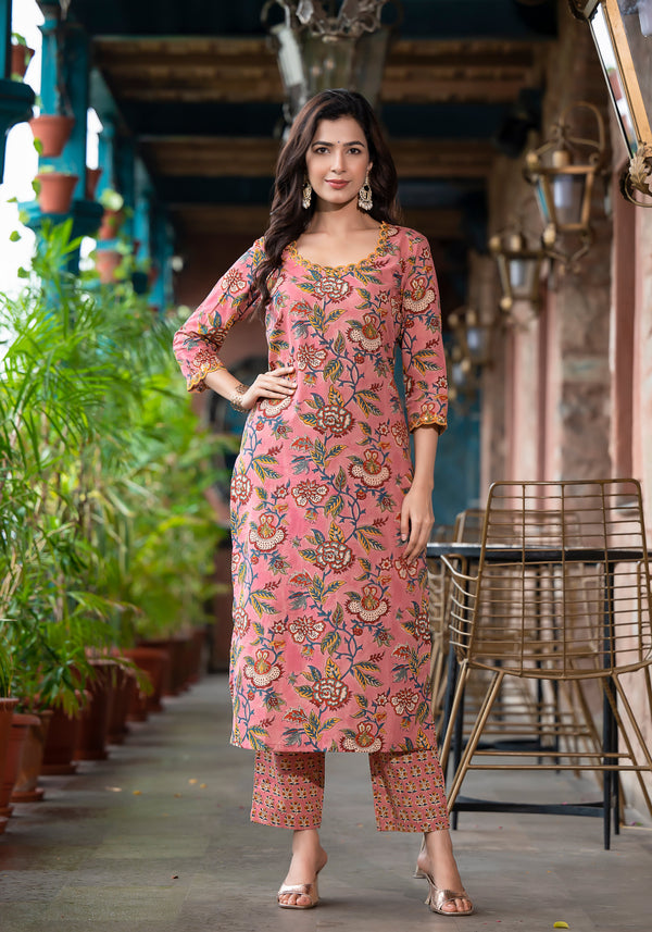 IKTARA EMBROIDERY HANDBLOCK KURTA PANT SET