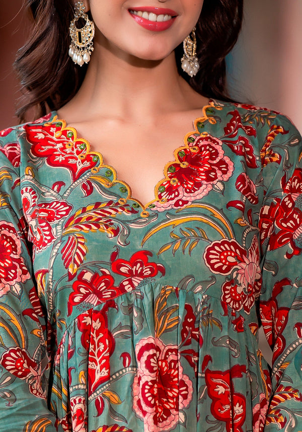 NASREEN GREEN FLORAL BLOCK PRINT EMBROIDERY KURTA AND PANT ONLY