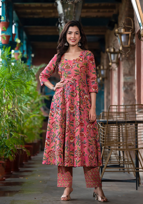 GHOOMAR FLORAL BLOCK PRINT HANDWORK KURTA AND PANT ONLY
