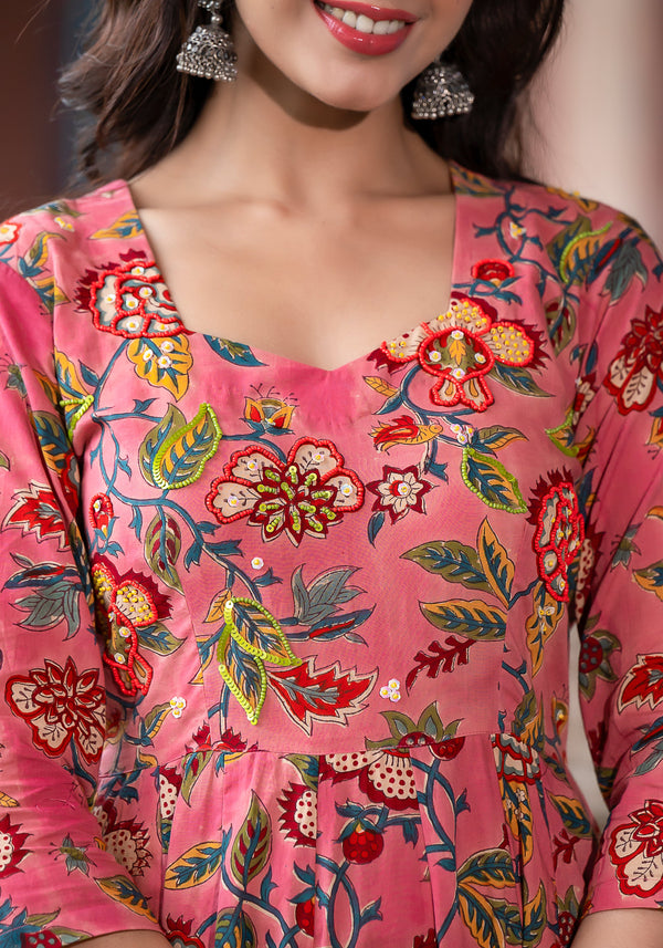 GHOOMAR FLORAL BLOCK PRINT HANDWORK KURTA AND PANT ONLY