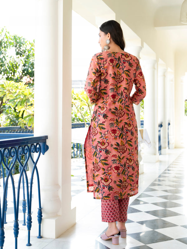 Parnia Peach Embroidery Handblock Chanderi Kurta Pant Set
