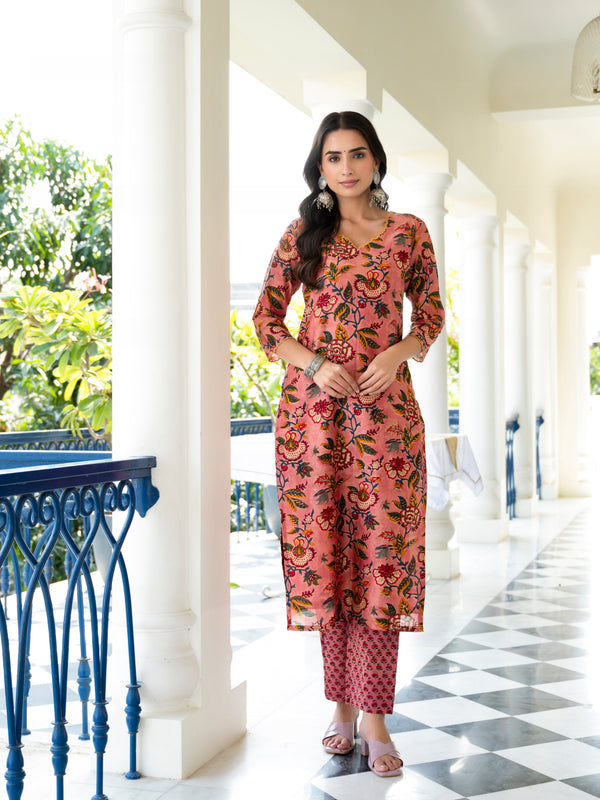 Parnia Peach Embroidery Handblock Chanderi Kurta Pant Set