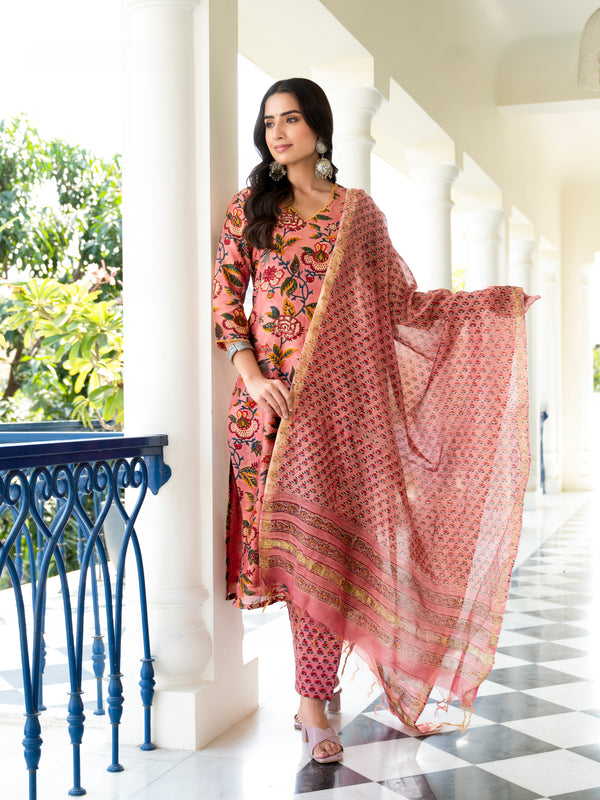 Parnia Peach Embroidery Handblock Chanderi Suit Set