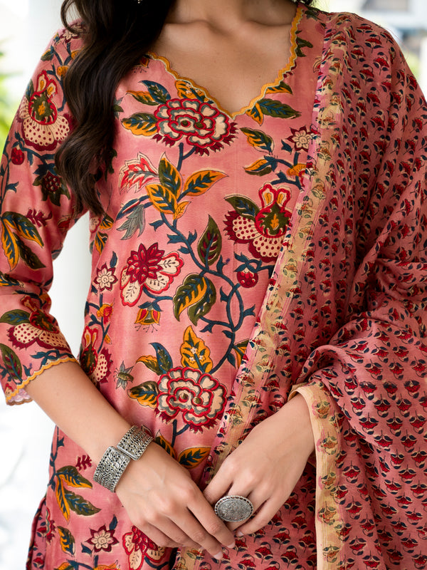 Parnia Peach Embroidery Handblock Chanderi Suit Set
