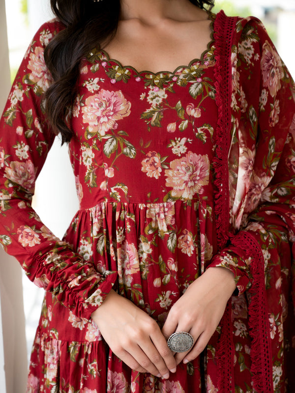Madiha Maroon floral embroidered Kurta Pant Set