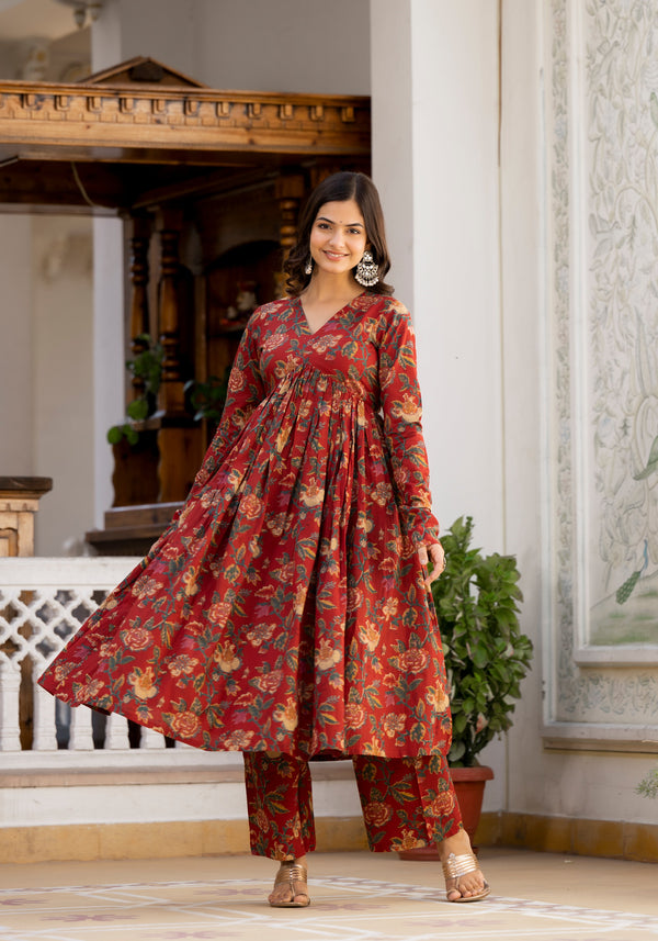 Saanvi Maroon Floral Print Kurta Pant Set