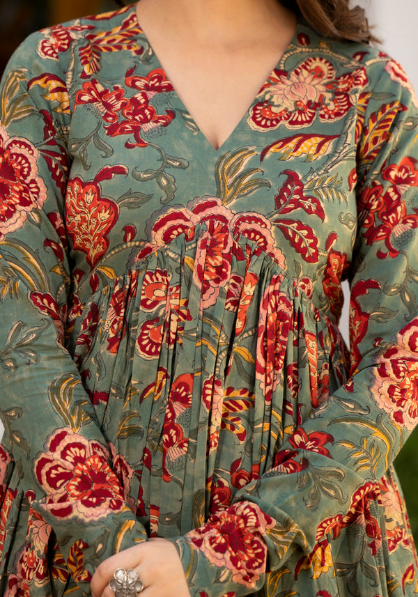 Najia Green Floral Handblock Print Suit Set