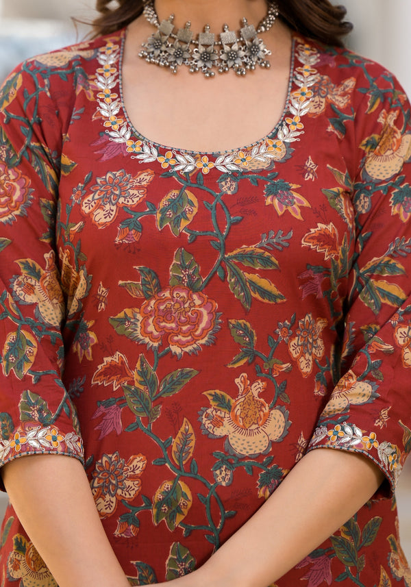 Shrija Maroon Floral Print Embroidered Kurta Pant Set