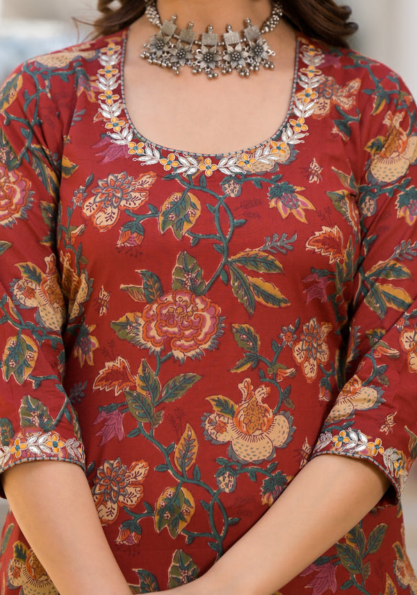 Shrija Maroon Floral Print Embroidered Suit Set