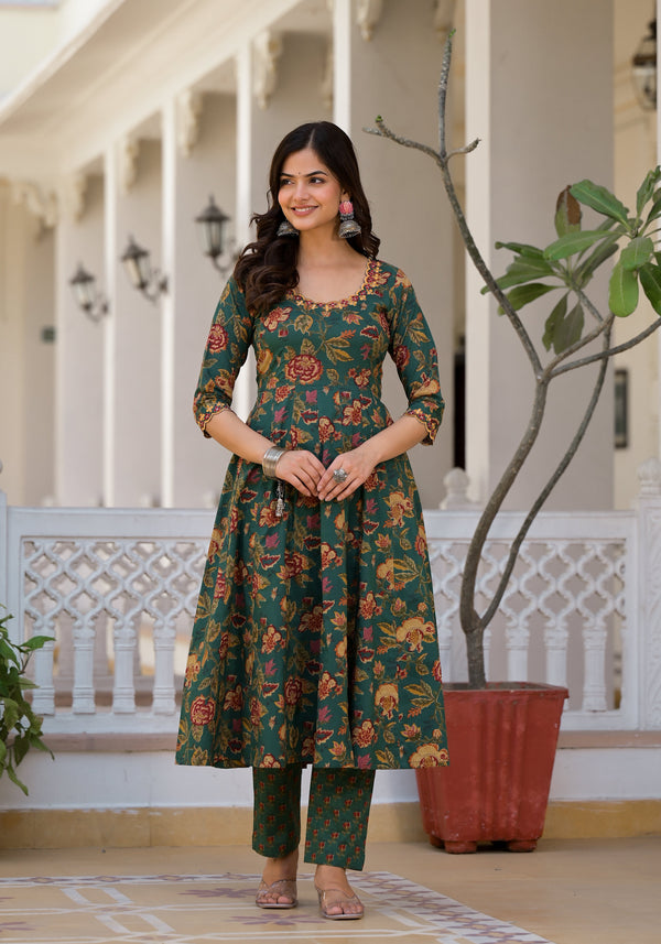 Tarin Green Floral Print Embroidered Kurta Pant Set