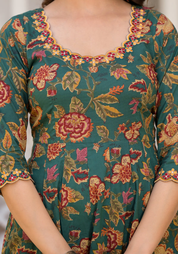 Tarin Green Floral Print Embroidered Suit Set