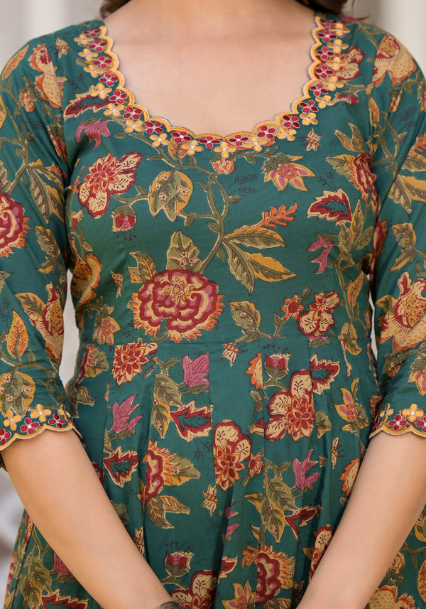 Tarin Green Floral Print Embroidered Kurta Pant Set