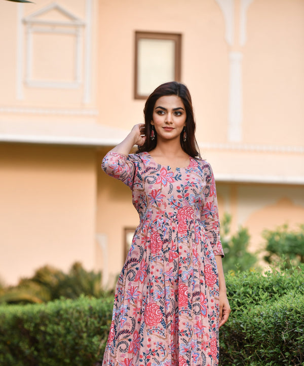 Beautiful Gather Floral Handblock Print Cotton Kurta With Pant Only