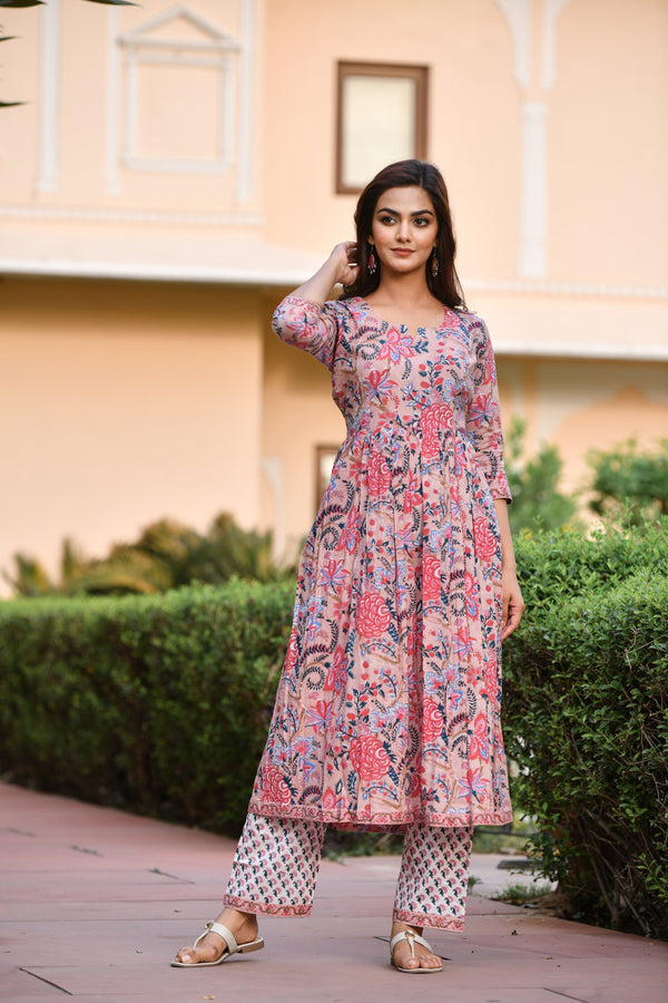 Beautiful Gather Floral Handblock Print Cotton Kurta With Pant Only