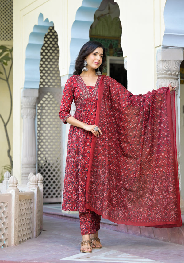 Maheen Maroon Cotton Alia Cut Suit Set