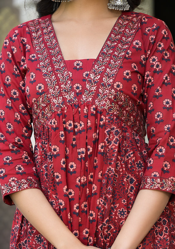 Maheen Maroon Cotton Alia Cut Suit Set