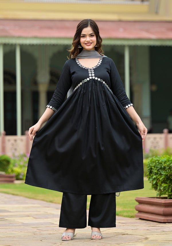 Kalankriti Black Cotton Alia Cut Handwork Kurta Pant Set