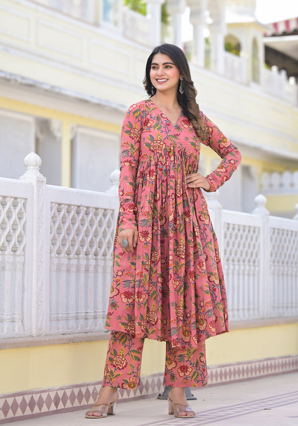 Aleeza Peach Handblock Printed Kurta Pant Set