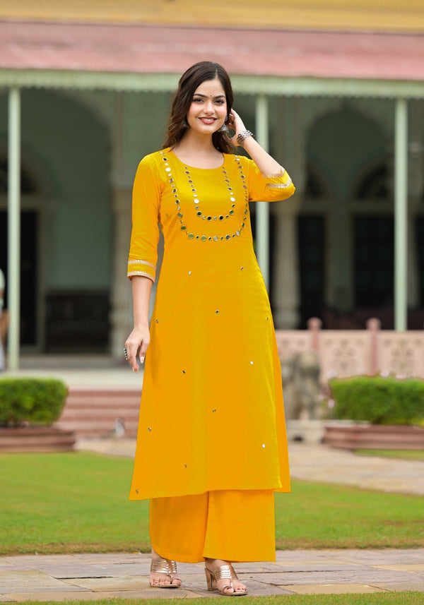 Yellow Cotton A-Line Handwork Kurta Pant Set