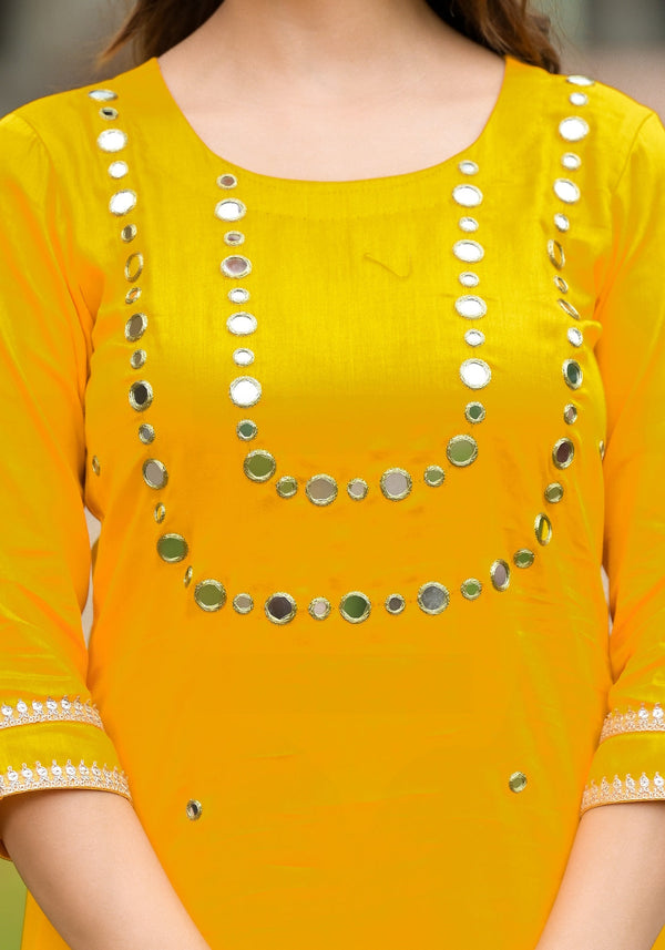 Yellow Cotton A-Line Handwork Kurta Pant Set