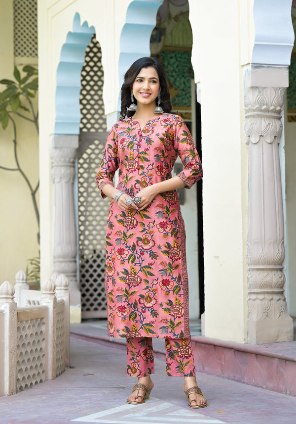 Panchita Peach Floral Handblock Pintuck Chanderi Kurta Pant Set
