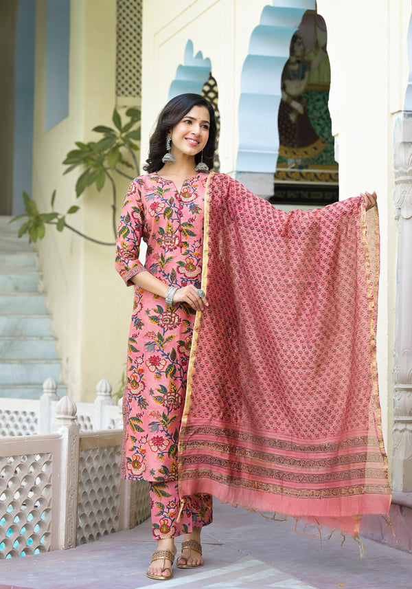 Panchita Peach Floral Handblock Pintuck Chanderi Suit Set