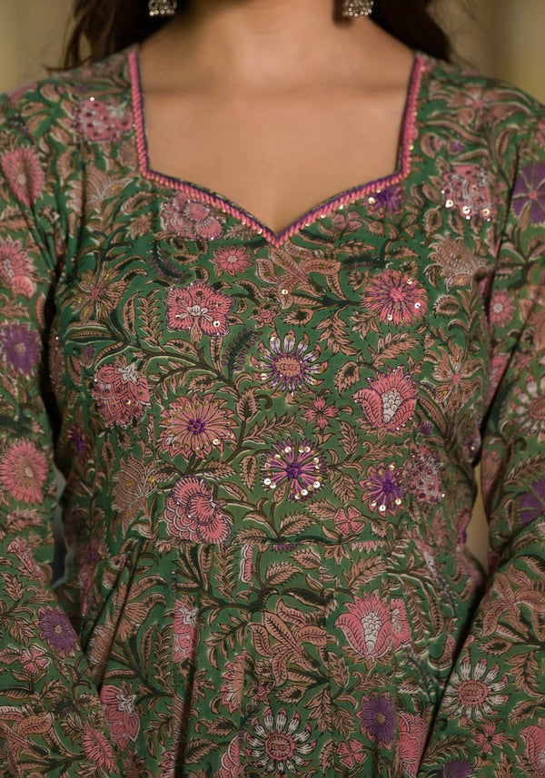 Naadia Block Printed Cotton Kalidaar Handwork Kurta Pant Set