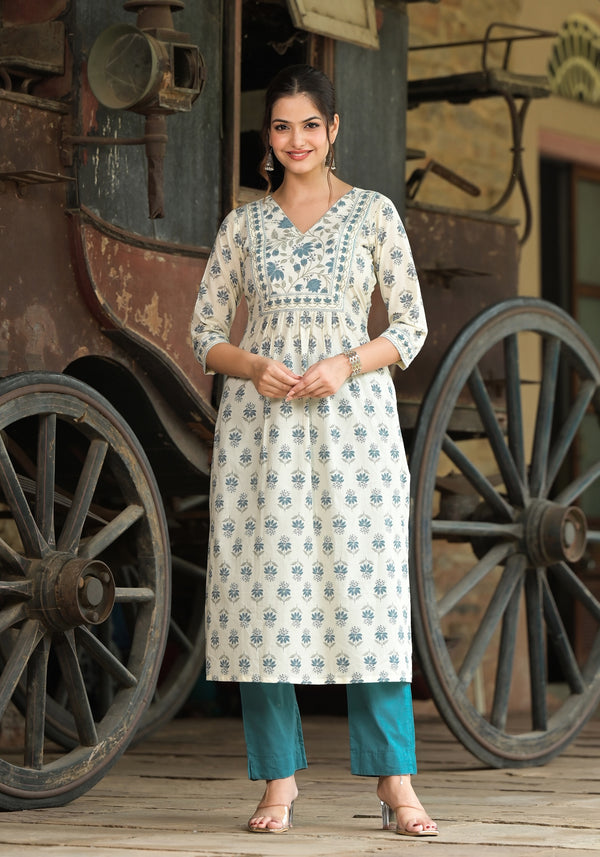 Uzma Off White Buti Print Cotton Straight Kurta