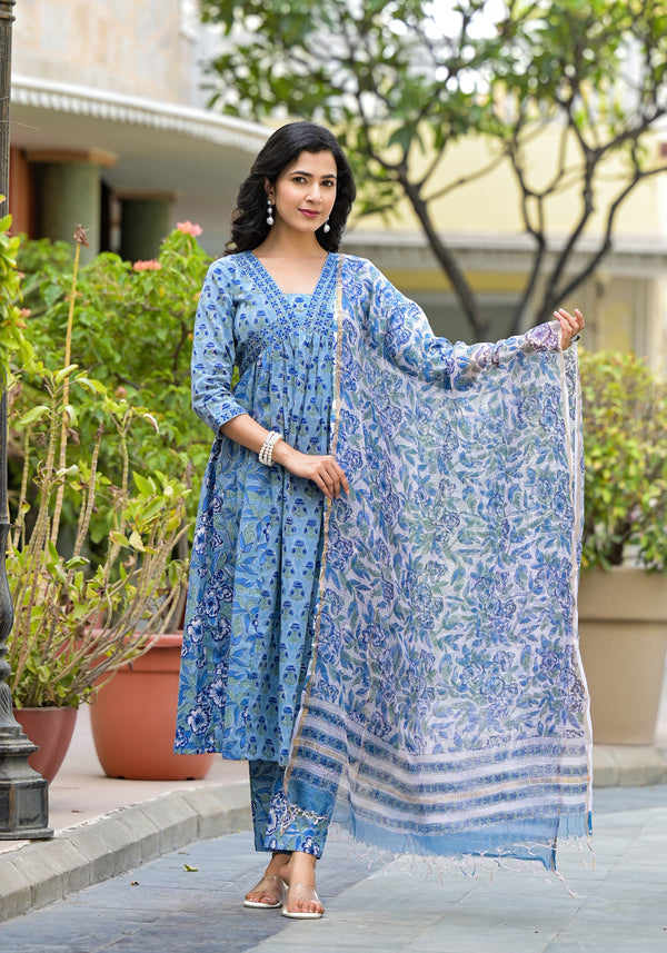 Nirvana Blue Handblock Gher Suit Set