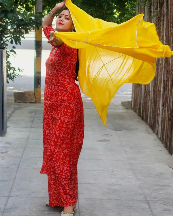 Festival favourite Red Bandhej Set with Yellow Gota work Dupatta