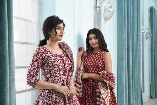 Mesmerising Maroon Pure Handblock Sharara Set With Gota Work