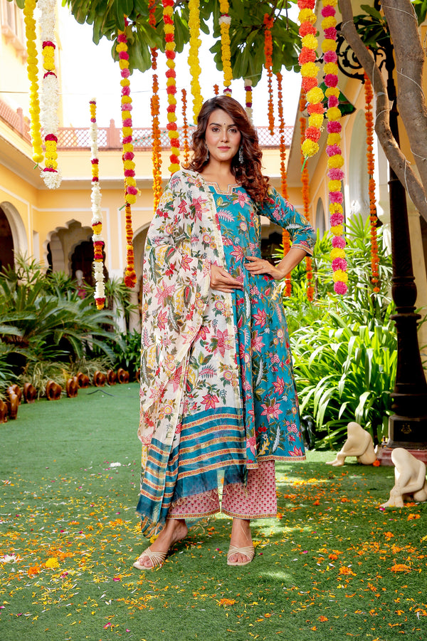 Banni Blue Cotton Straight Suit Set