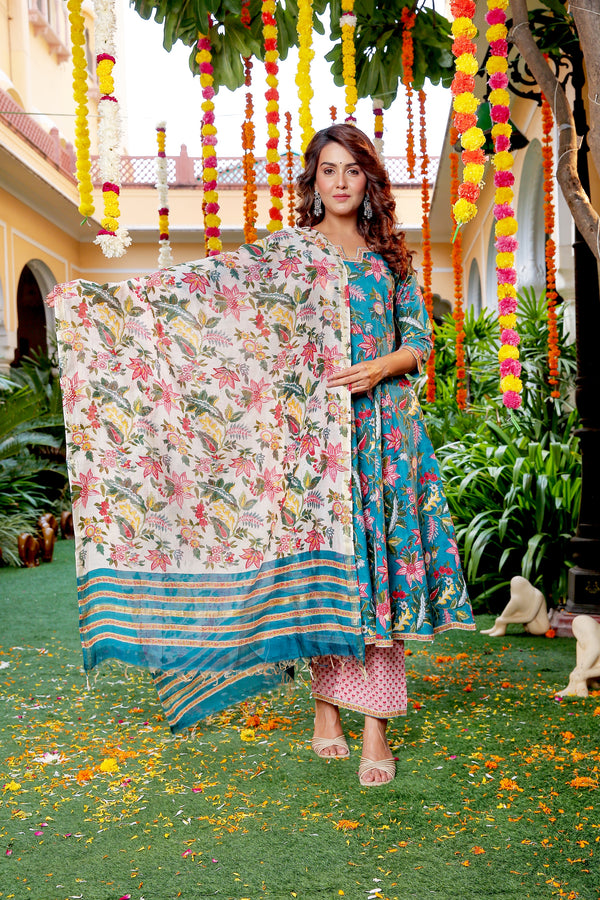 Banni Blue Cotton Straight Suit Set
