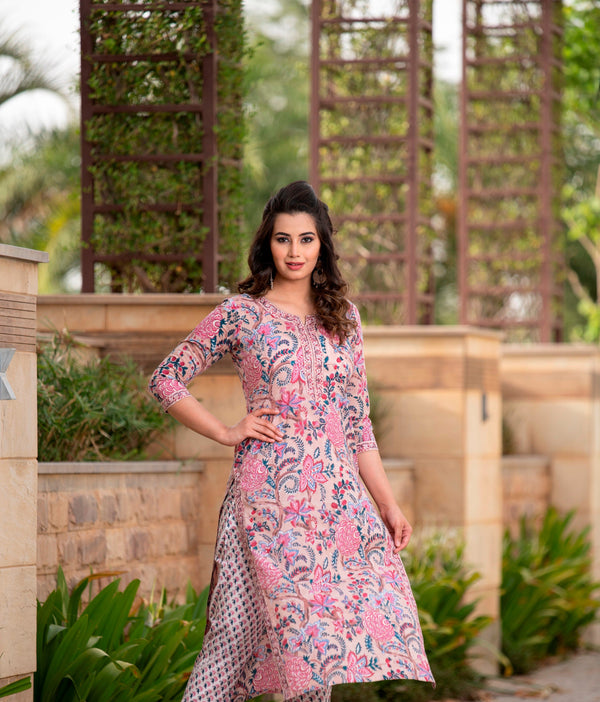 Straight Fit Beige Handblock Print Kurta with Pant Only