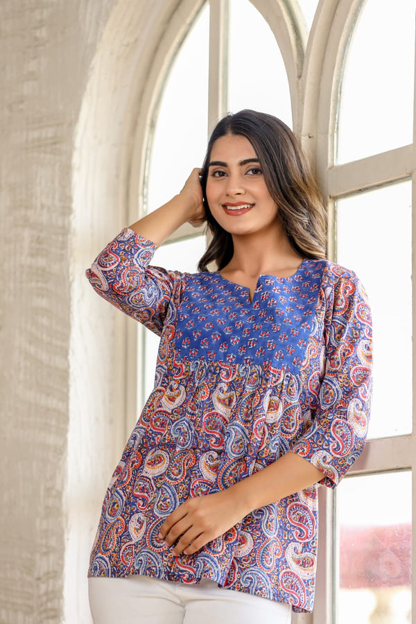 BLUE BREEZE HANDBLOCK SHORT KURTA